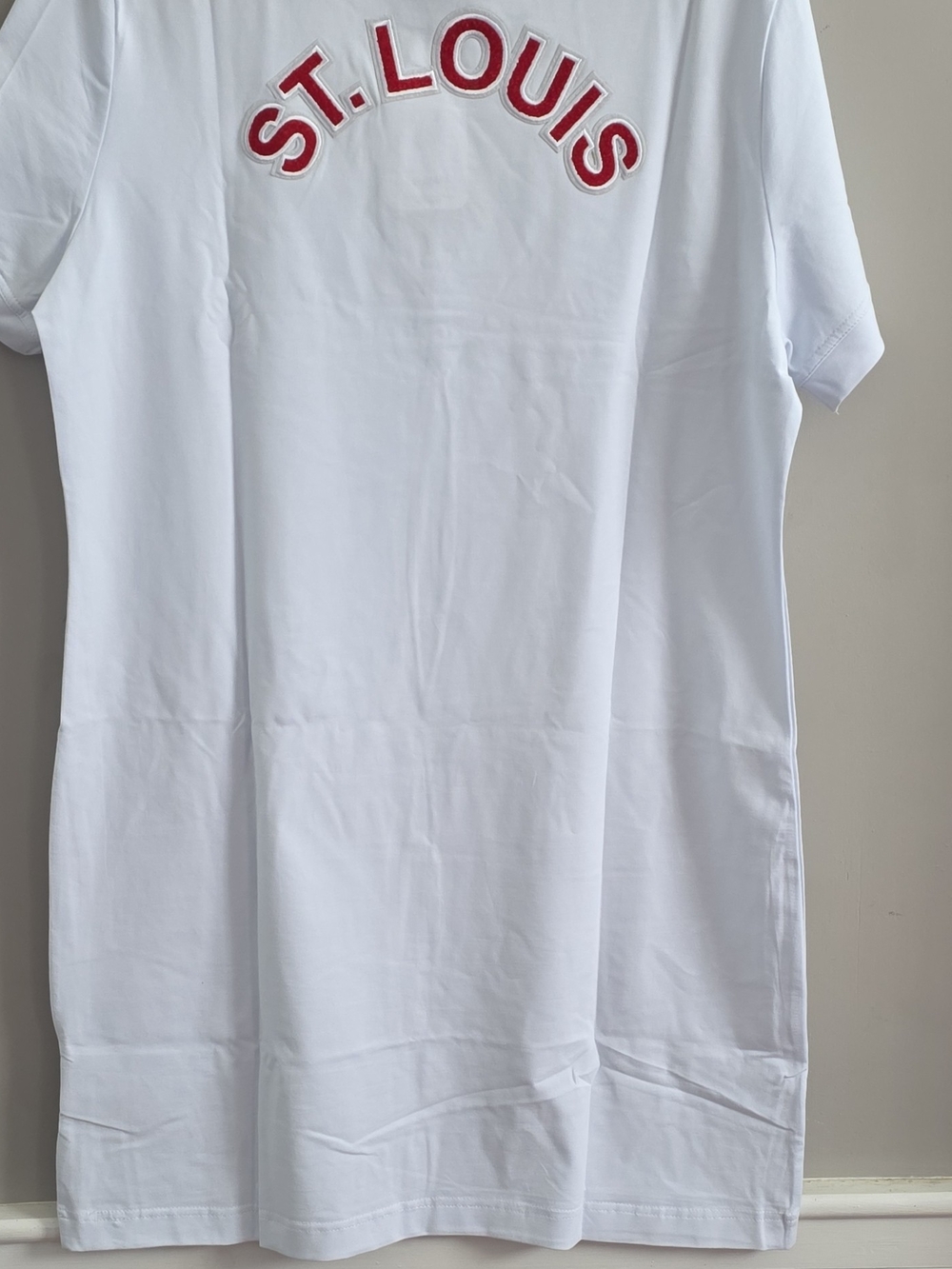 Womans Dress/shirt White Short Sleeve Tee with Red 'ST. LOUIS' Applique